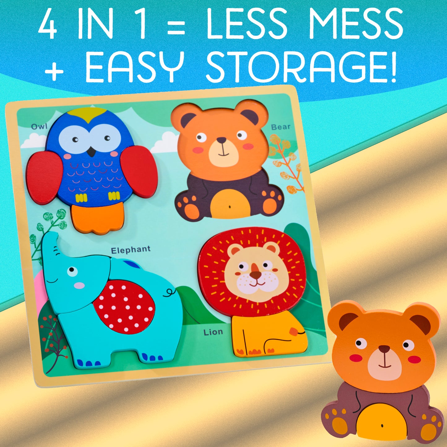 4-in-1 Wooden Animal Puzzle – Large-Piece First Puzzle Set for Toddlers