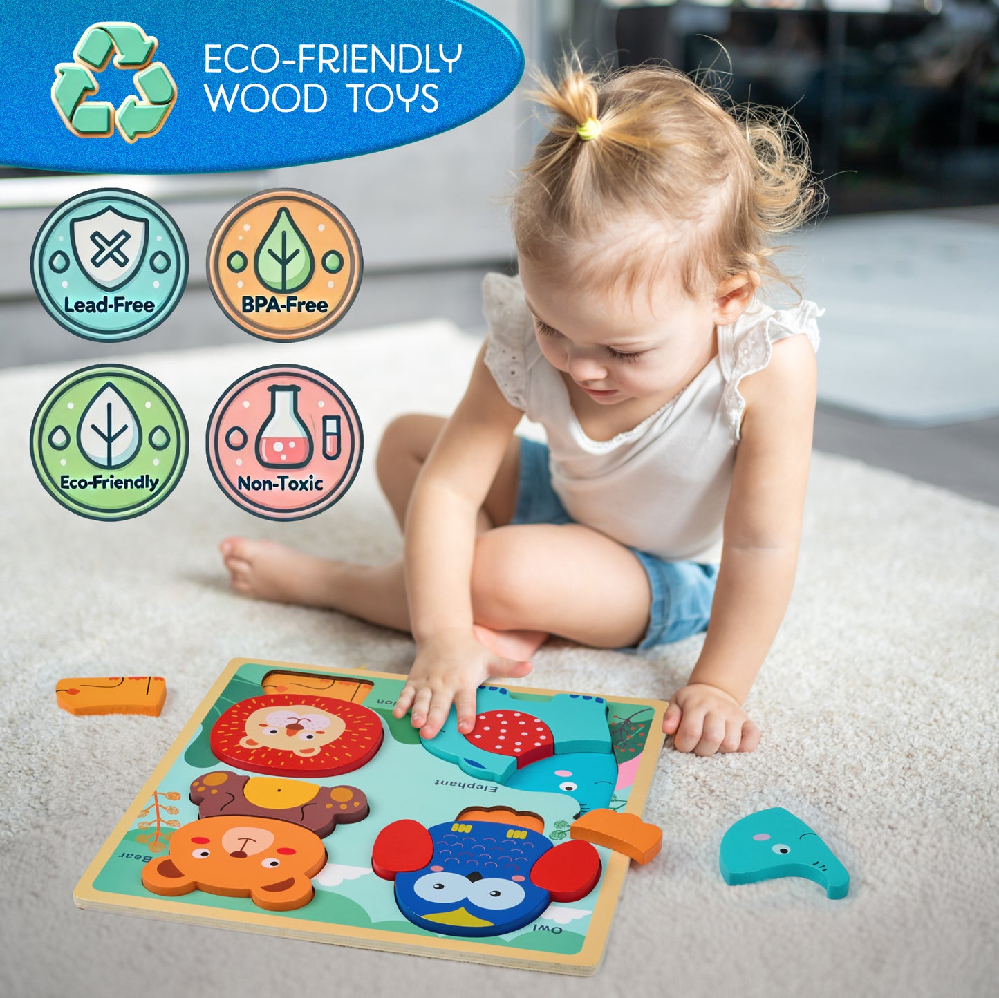 4-in-1 Wooden Animal Puzzle – Large-Piece First Puzzle Set for Toddlers