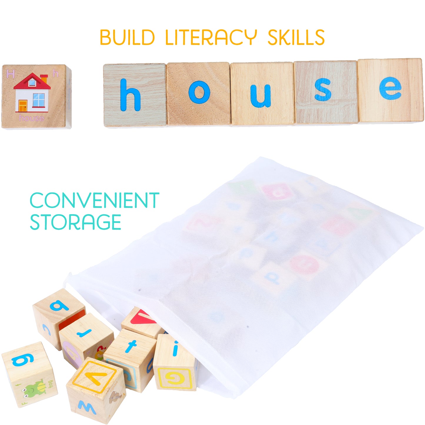 Wooden ABC Block Set – 26 Premium Alphabet Blocks with Letters, Animals & Objects