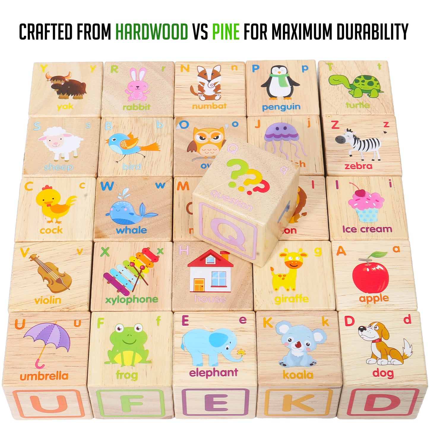 Wooden ABC Block Set – 26 Premium Alphabet Blocks with Letters, Animals & Objects