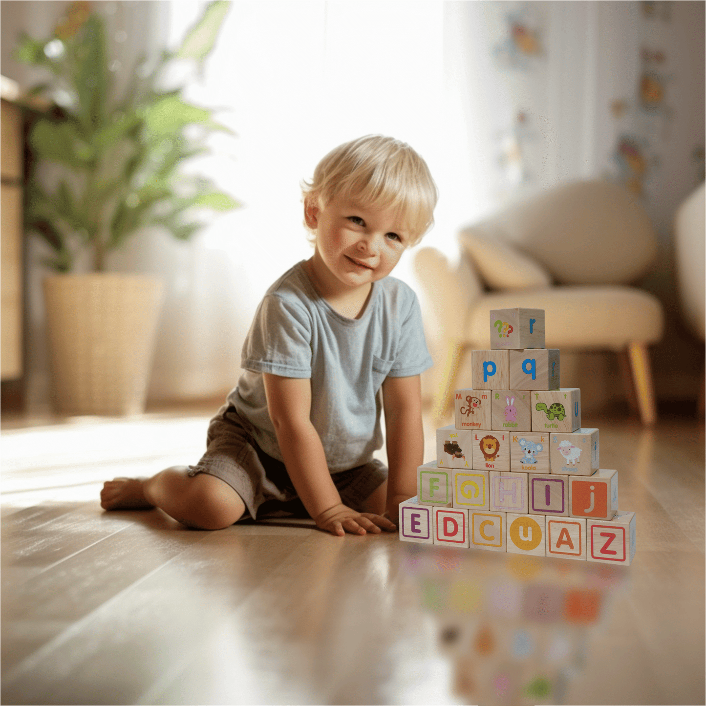 Wooden ABC Block Set – 26 Premium Alphabet Blocks with Letters, Animals & Objects