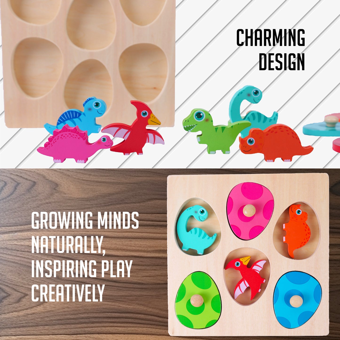 Baby Dinosaur Egg Puzzle – Dual Layer Wooden Peg Puzzle for Toddlers