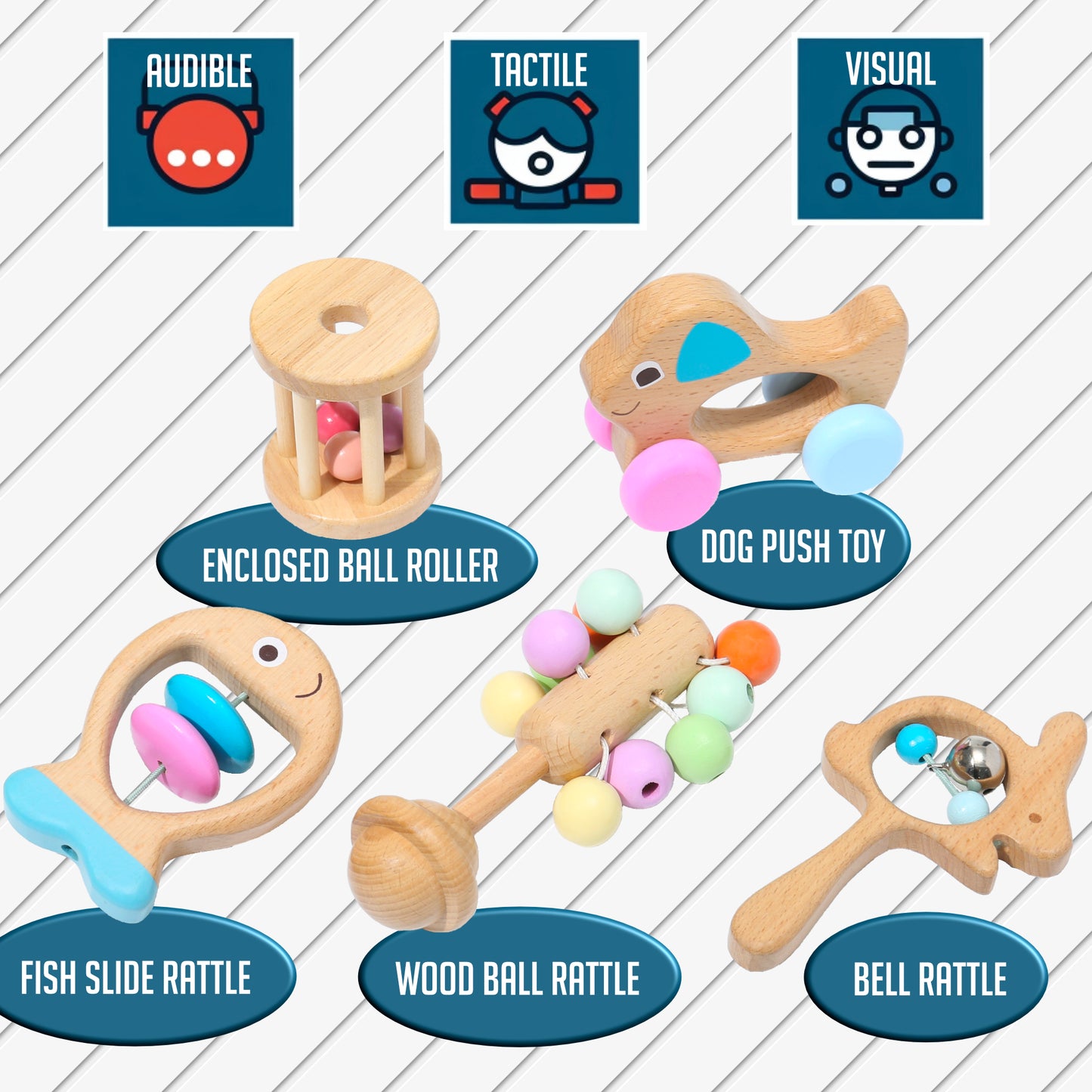 5-Piece Baby Rattle & Sensory Toy Set – Natural Wood for Cognitive Development