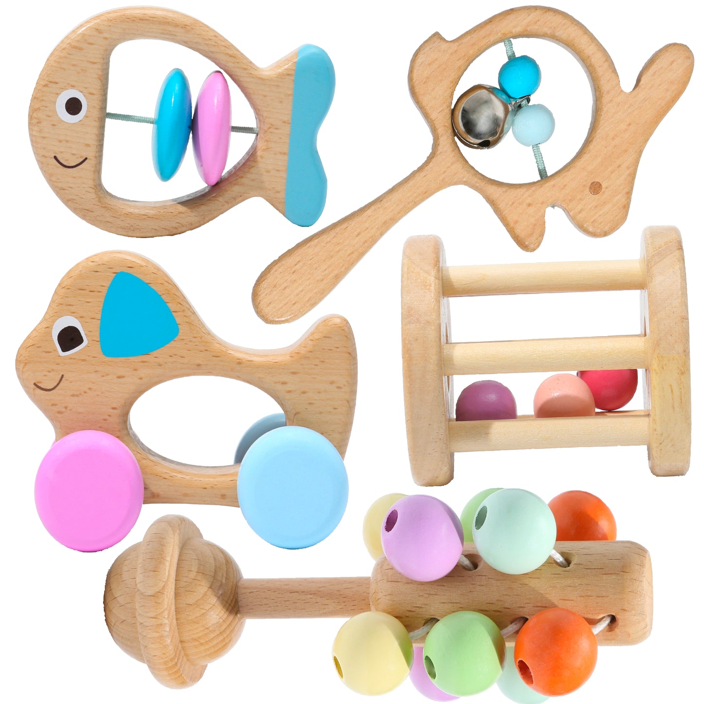 5-Piece Baby Rattle & Sensory Toy Set – Natural Wood for Cognitive Development