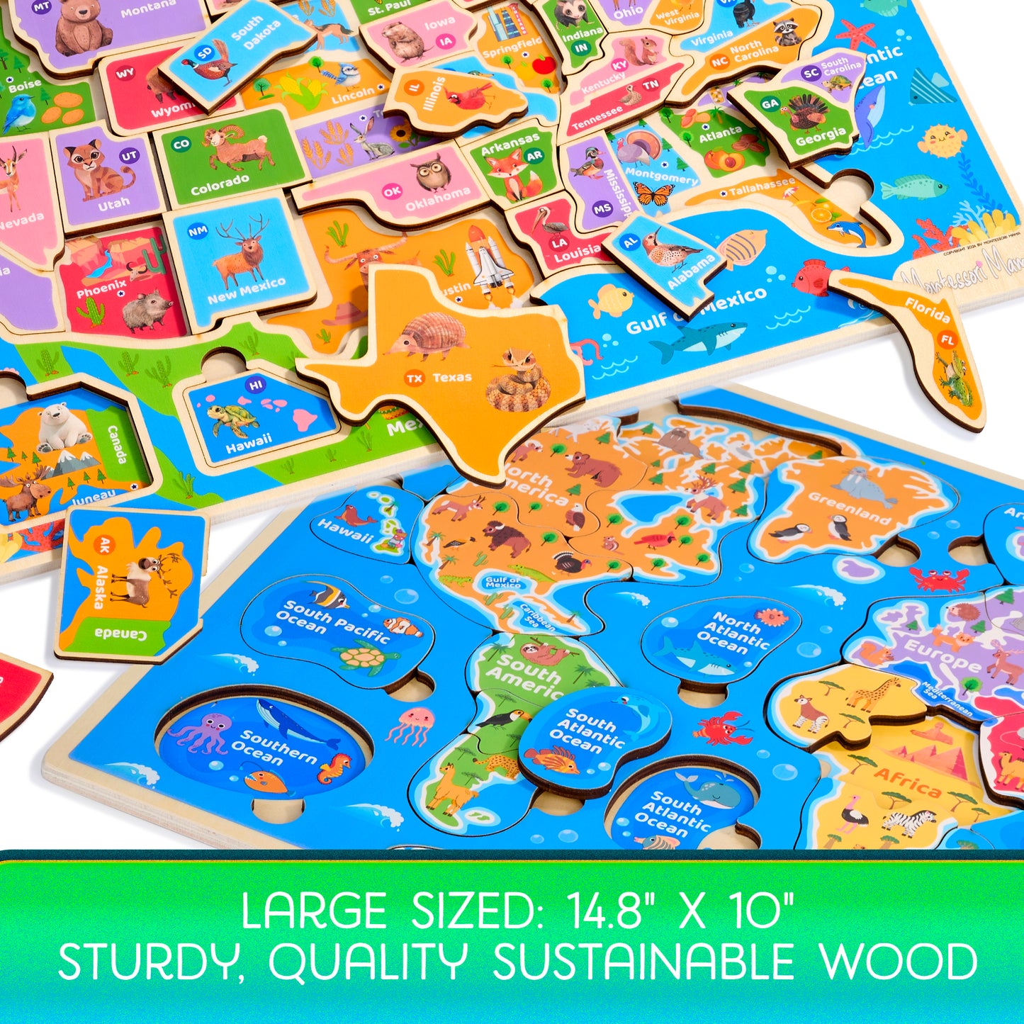 World & USA Map Puzzle Combo – 2 Wooden Educational Puzzles for Kids