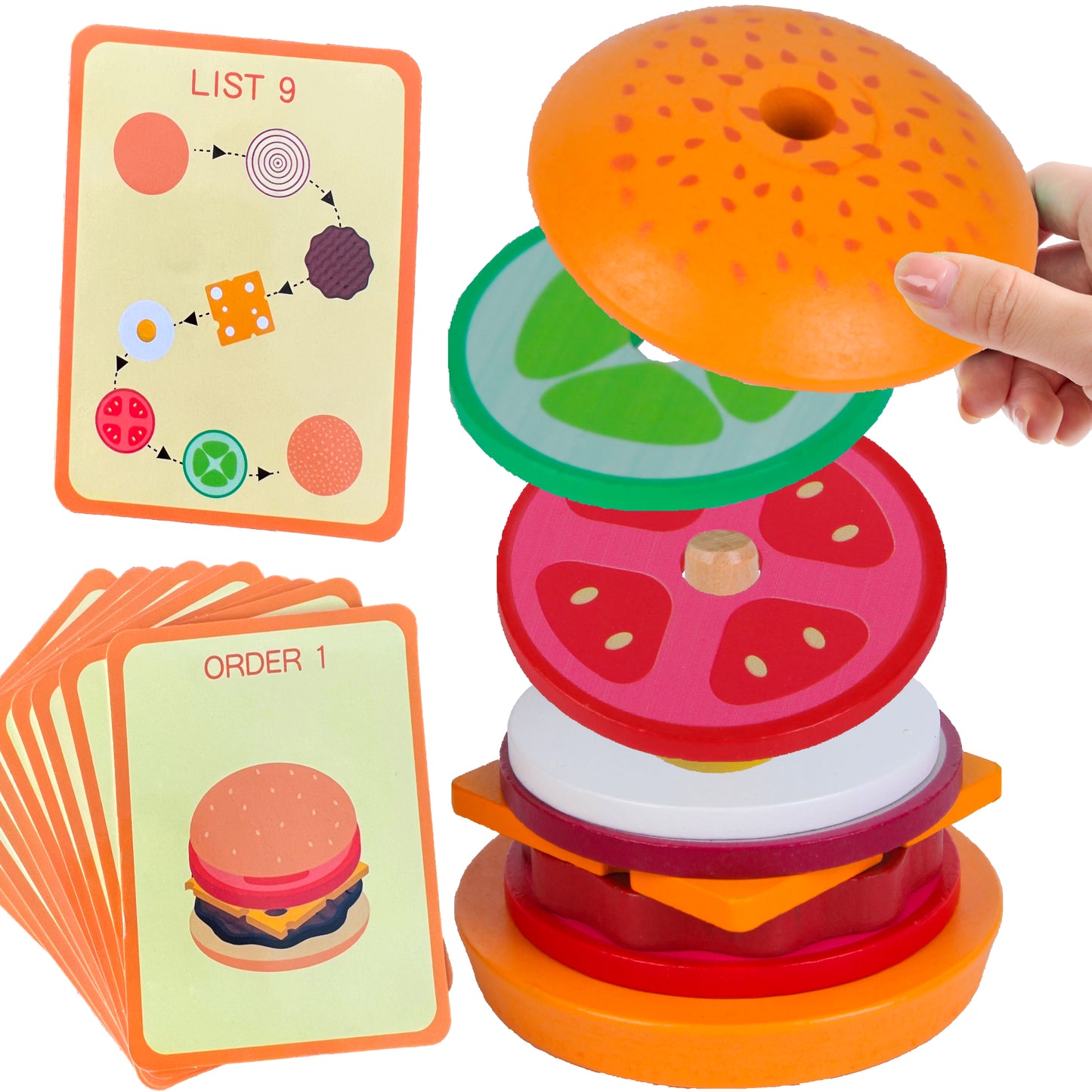 Wooden Stacking Hamburger – Build-a-Burger Toy with 10 Sequencing Cards