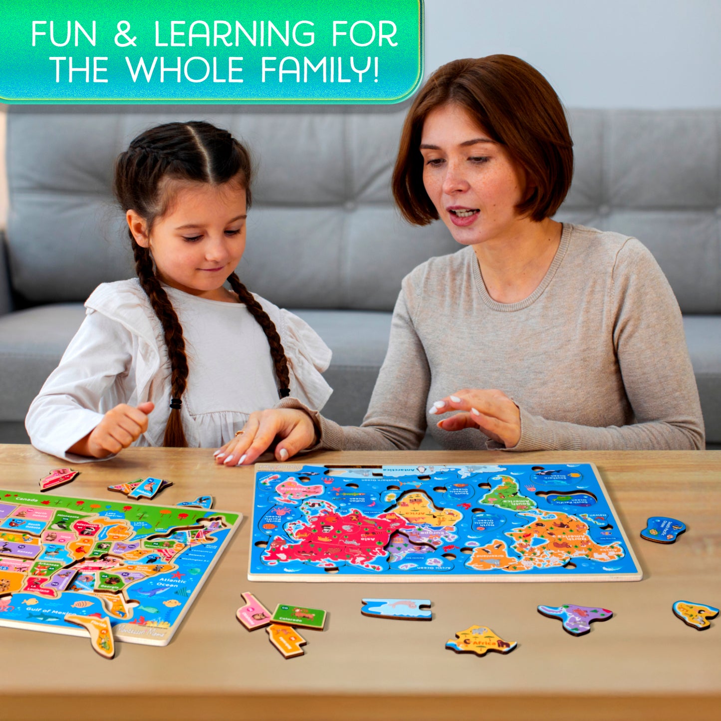 World & USA Map Puzzle Combo – 2 Wooden Educational Puzzles for Kids