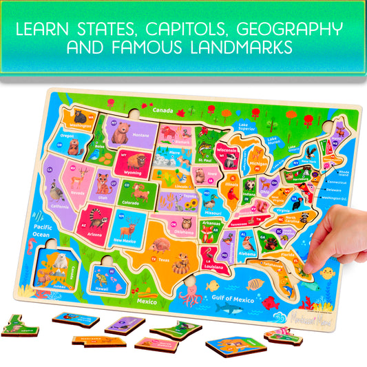 World & USA Map Puzzle Combo – 2 Wooden Educational Puzzles for Kids