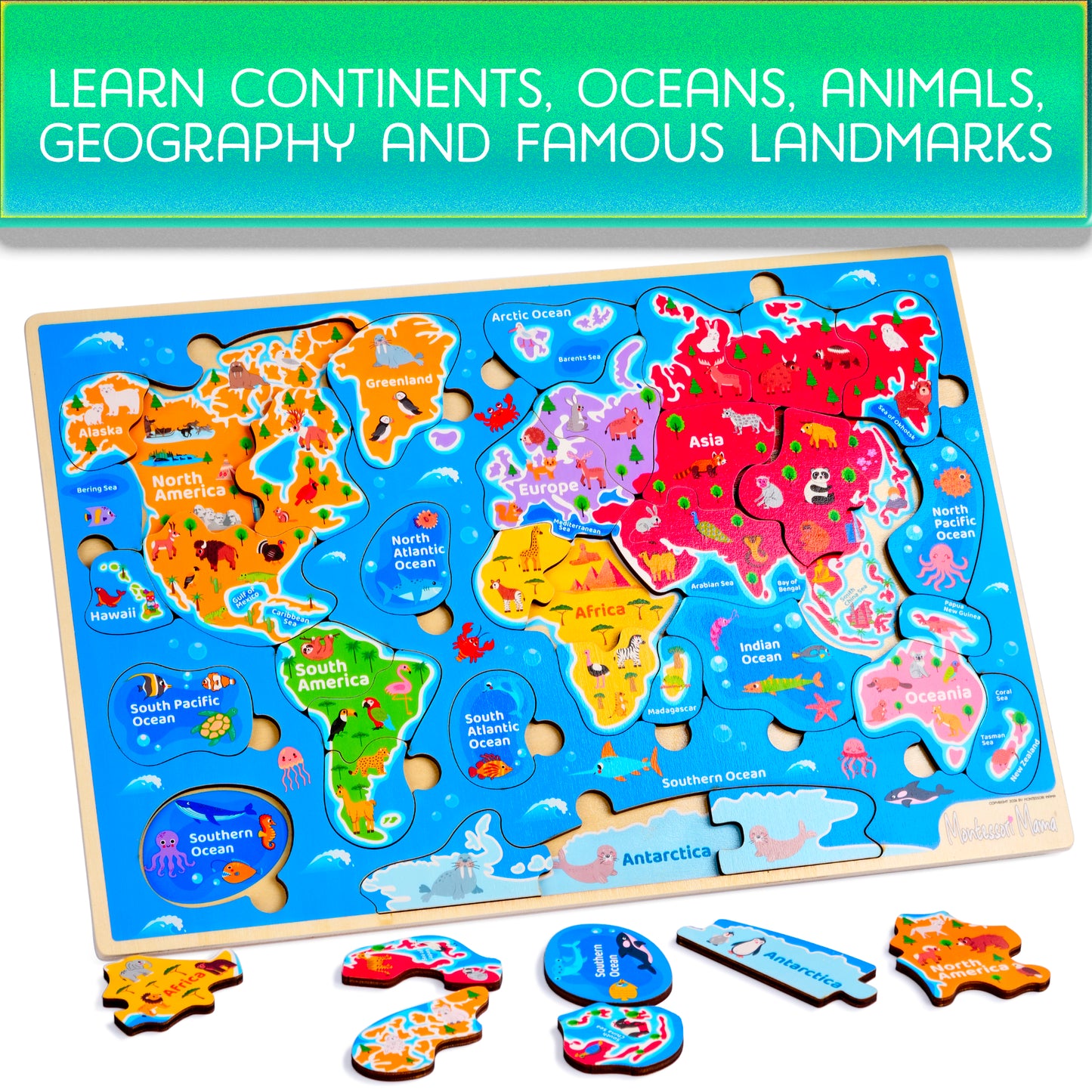 World & USA Map Puzzle Combo – 2 Wooden Educational Puzzles for Kids
