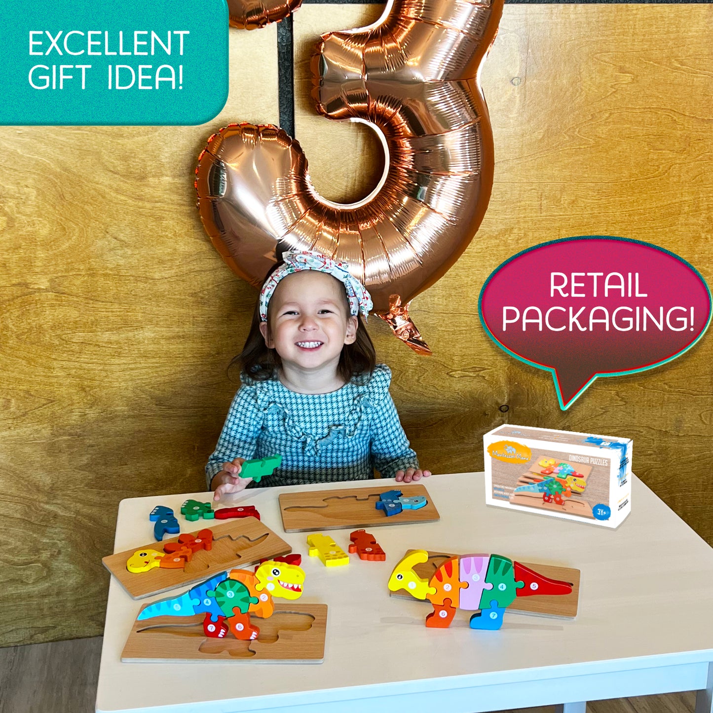 5-Pack Dinosaur Wooden Puzzles – Toddler Puzzle Set Featuring T-Rex, Triceratops & More