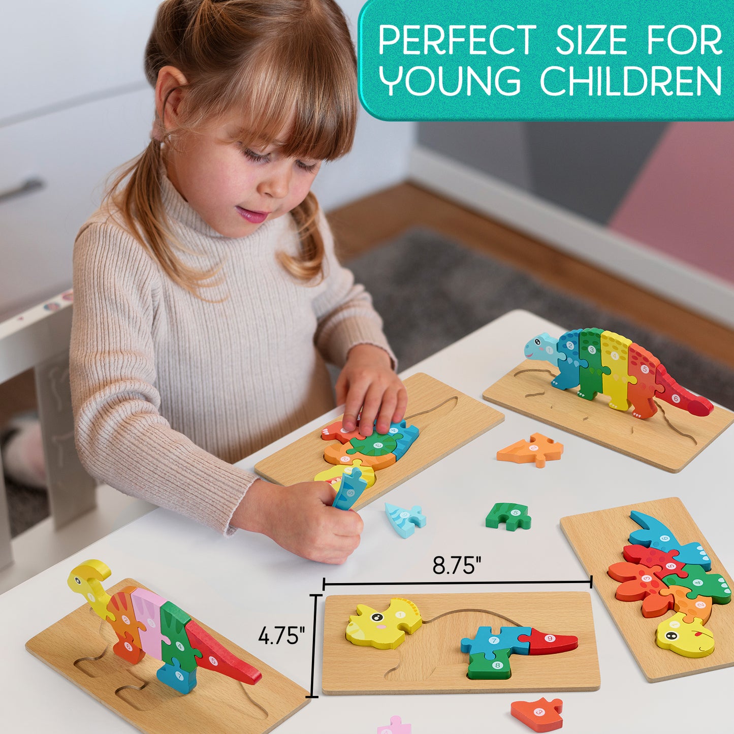 5-Pack Dinosaur Wooden Puzzles – Toddler Puzzle Set Featuring T-Rex, Triceratops & More