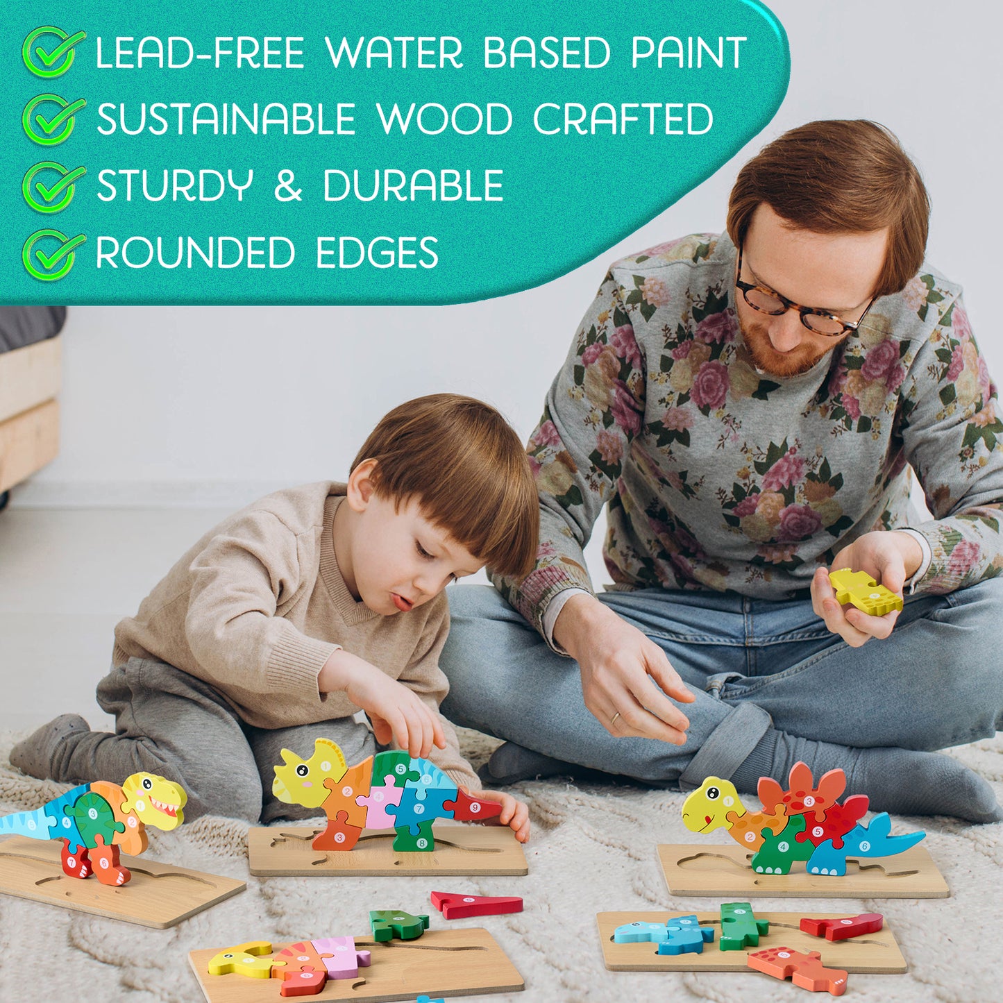 5-Pack Dinosaur Wooden Puzzles – Toddler Puzzle Set Featuring T-Rex, Triceratops & More