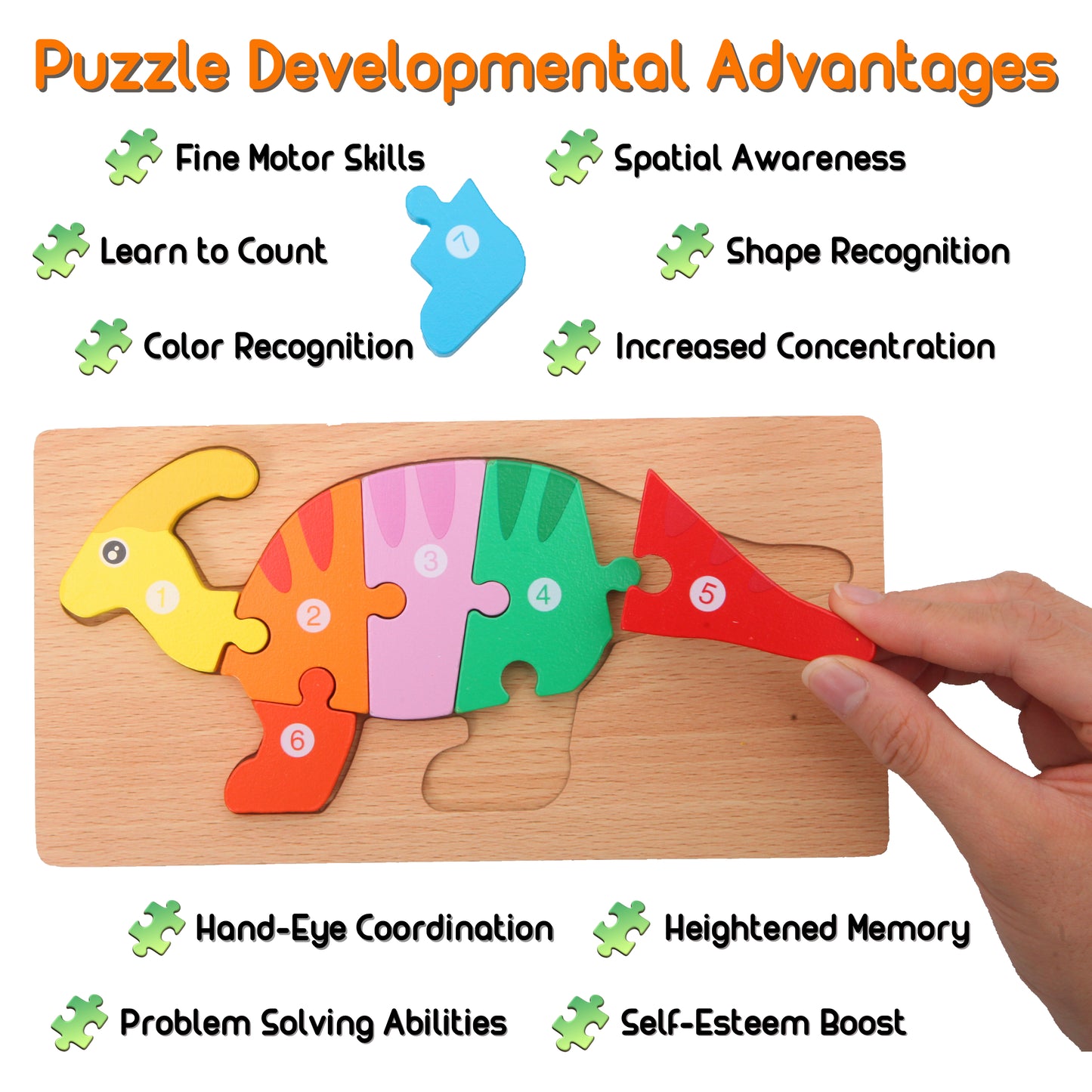 5-Pack Dinosaur Wooden Puzzles – Toddler Puzzle Set Featuring T-Rex, Triceratops & More