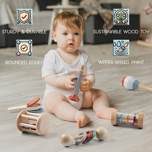 6-Piece Baby Rattle & Musical Instrument Set – Natural Wood for Sensory & Sound Discovery
