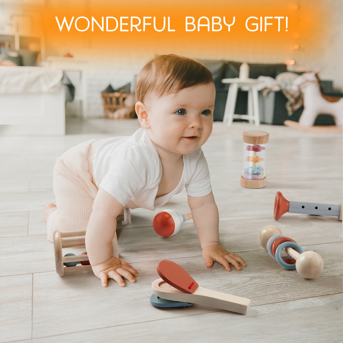 6-Piece Baby Rattle & Musical Instrument Set – Natural Wood for Sensory & Sound Discovery