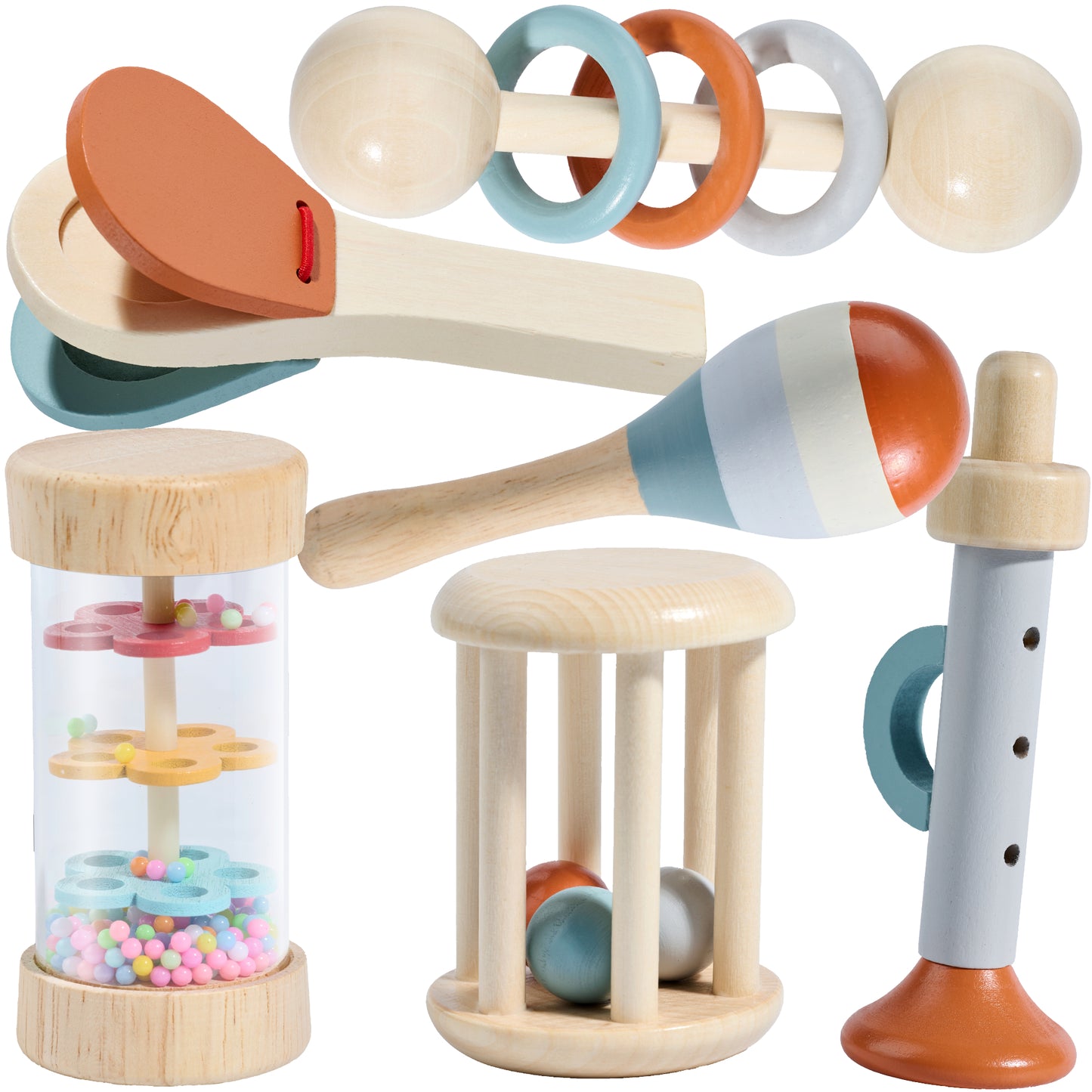 6-Piece Baby Rattle & Musical Instrument Set – Natural Wood for Sensory & Sound Discovery