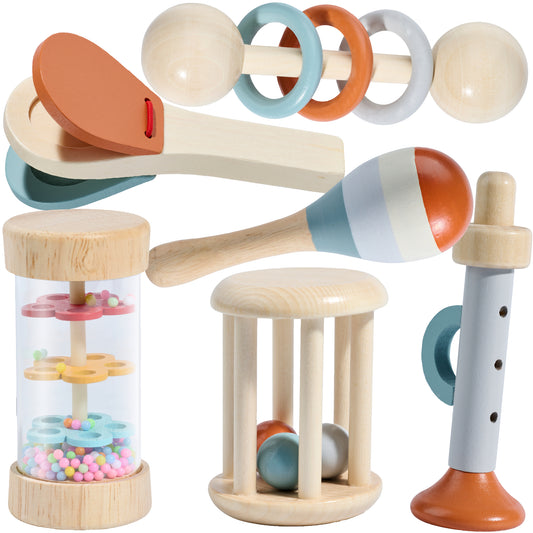 6-Piece Baby Rattle & Musical Instrument Set – Natural Wood for Sensory & Sound Discovery