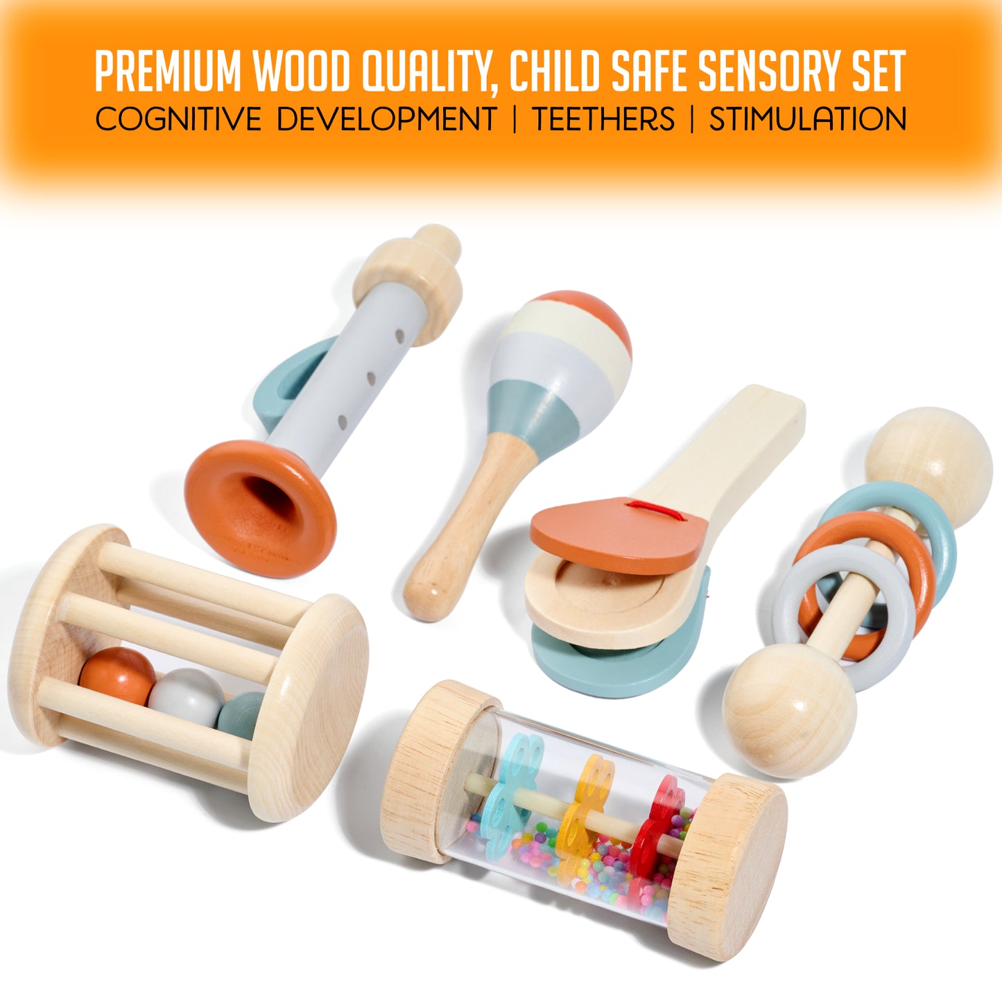 6-Piece Baby Rattle & Musical Instrument Set – Natural Wood for Sensory & Sound Discovery