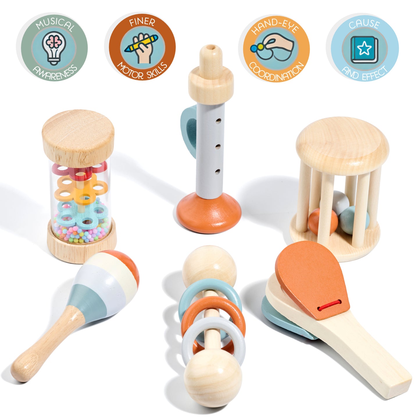 6-Piece Baby Rattle & Musical Instrument Set – Natural Wood for Sensory & Sound Discovery
