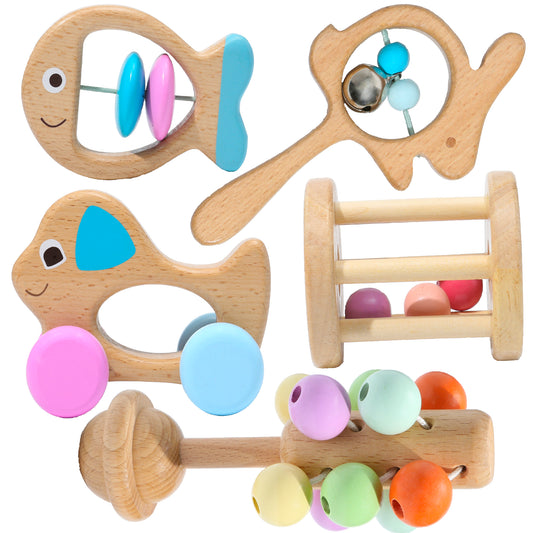 5-Piece Baby Rattle & Sensory Toy Set – Natural Wood for Cognitive Development