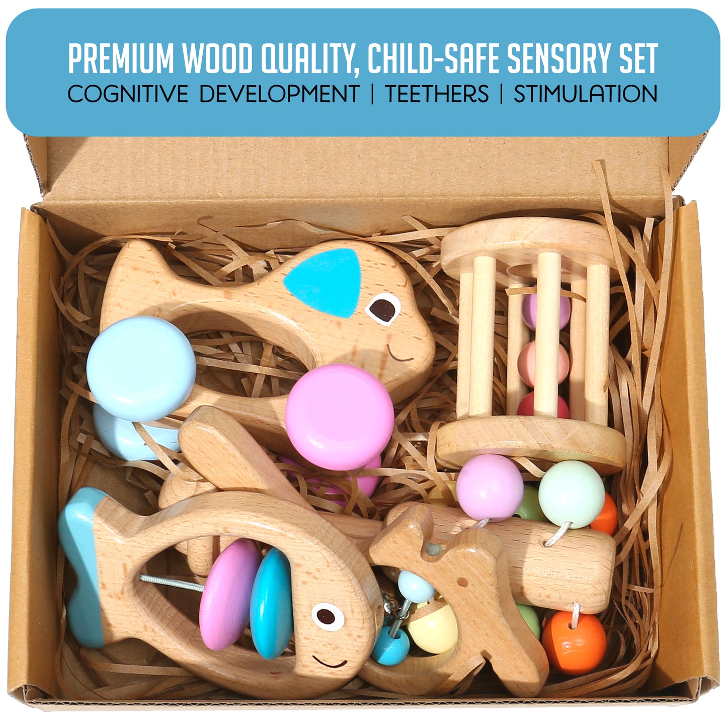 5-Piece Baby Rattle & Sensory Toy Set – Natural Wood for Cognitive Development