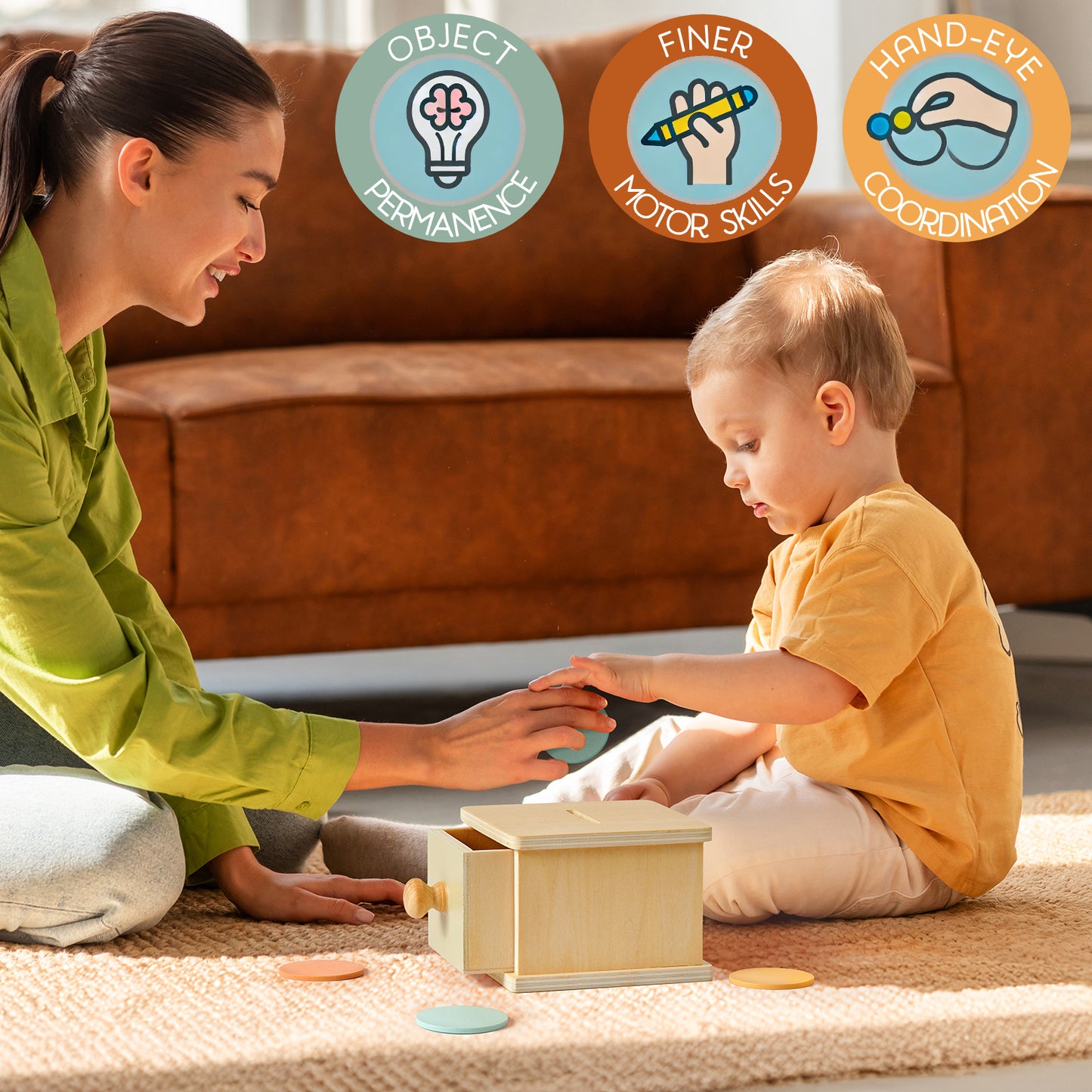 Wooden Coin Box – Montessori Object Permanence Toy with Coins