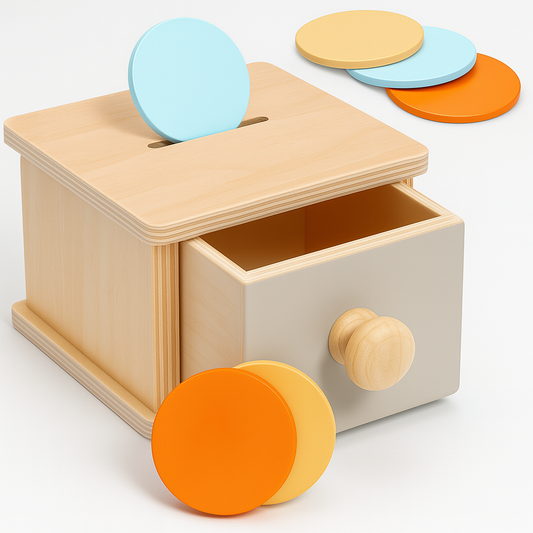 Wooden Coin Box – Montessori Object Permanence Toy with Coins