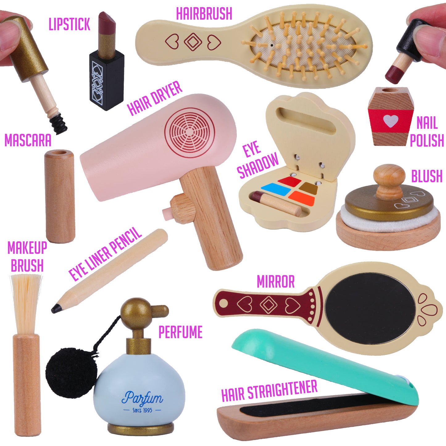 Wooden Makeup & Vanity Set – Pretend Play Toy with Travel Bag