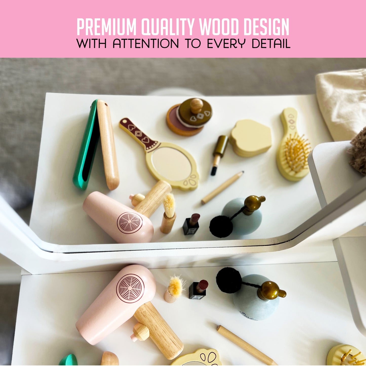Wooden Makeup & Vanity Set – Pretend Play Toy with Travel Bag
