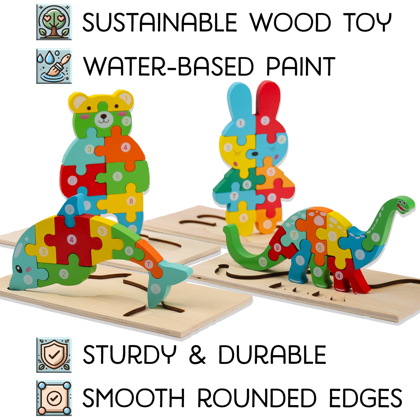 4-Pack Wooden Toddler Puzzles – Educational Animal Set with Numbered Pieces