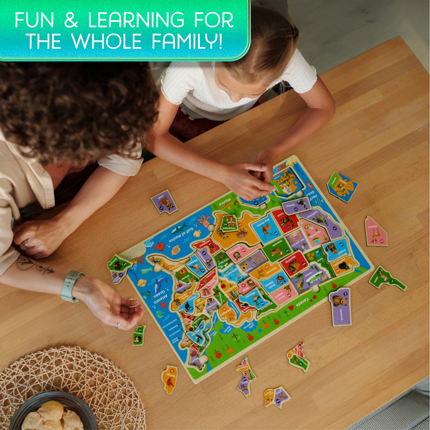 Wooden USA Map Puzzle – Learn States, Capitals & Geography with 37-Piece Puzzle