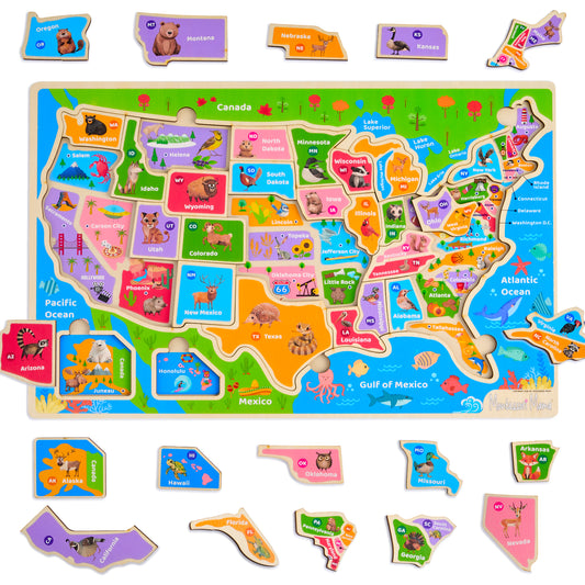 Wooden USA Map Puzzle – Learn States, Capitals & Geography with 37-Piece Puzzle