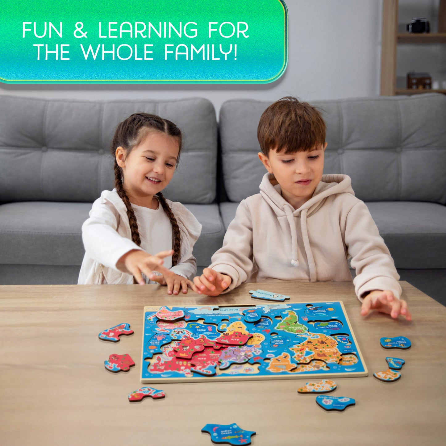 Wooden World Map Puzzle – Continents, Oceans & Landmarks Learning Toy for Kids