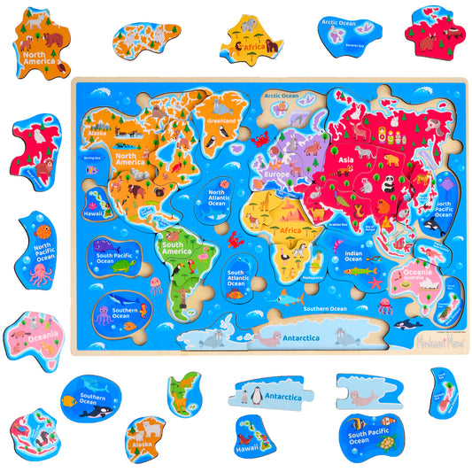 Wooden World Map Puzzle – Continents, Oceans & Landmarks Learning Toy for Kids