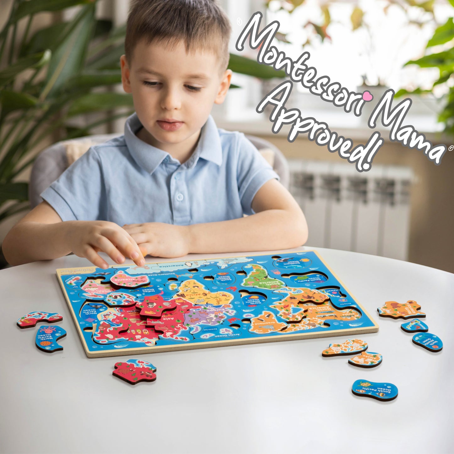 Wooden World Map Puzzle – Continents, Oceans & Landmarks Learning Toy for Kids