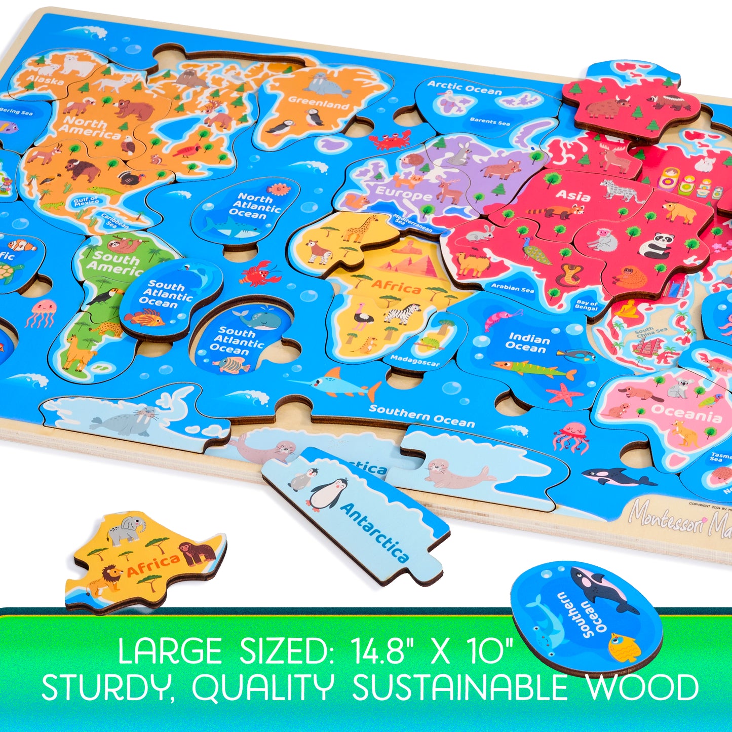 Wooden World Map Puzzle – Continents, Oceans & Landmarks Learning Toy for Kids