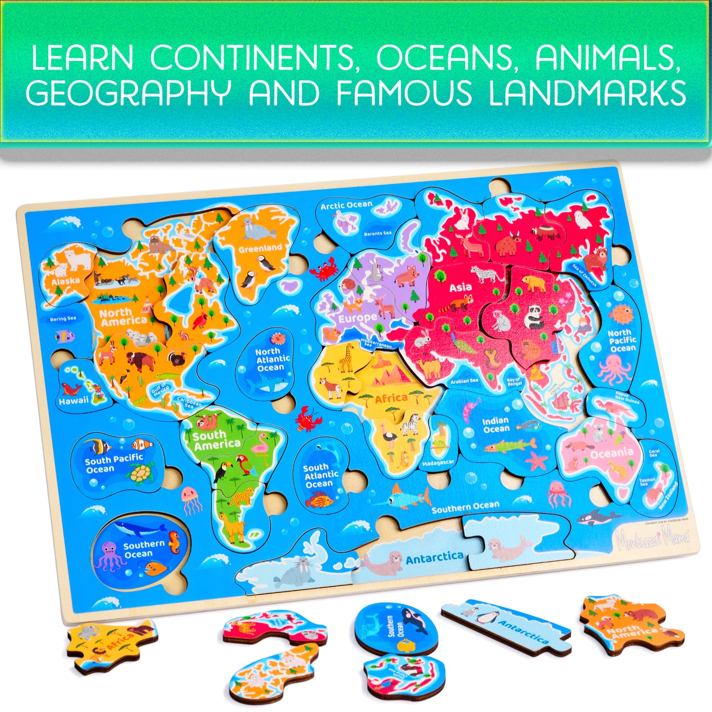Wooden World Map Puzzle – Continents, Oceans & Landmarks Learning Toy for Kids