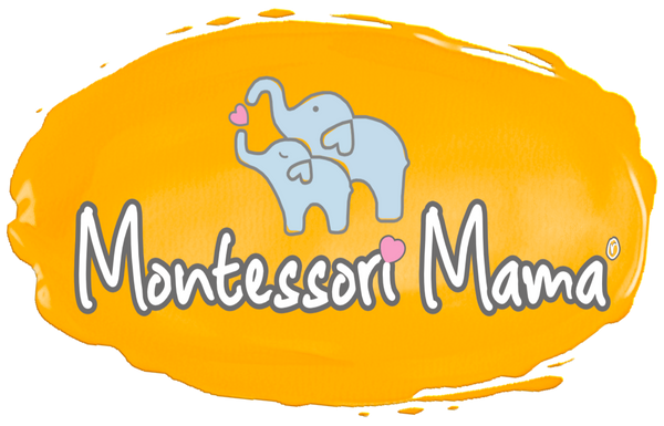 Logo of Montessori Mama with mother and child elephants making a heart with their trunks on orange watercolor background.